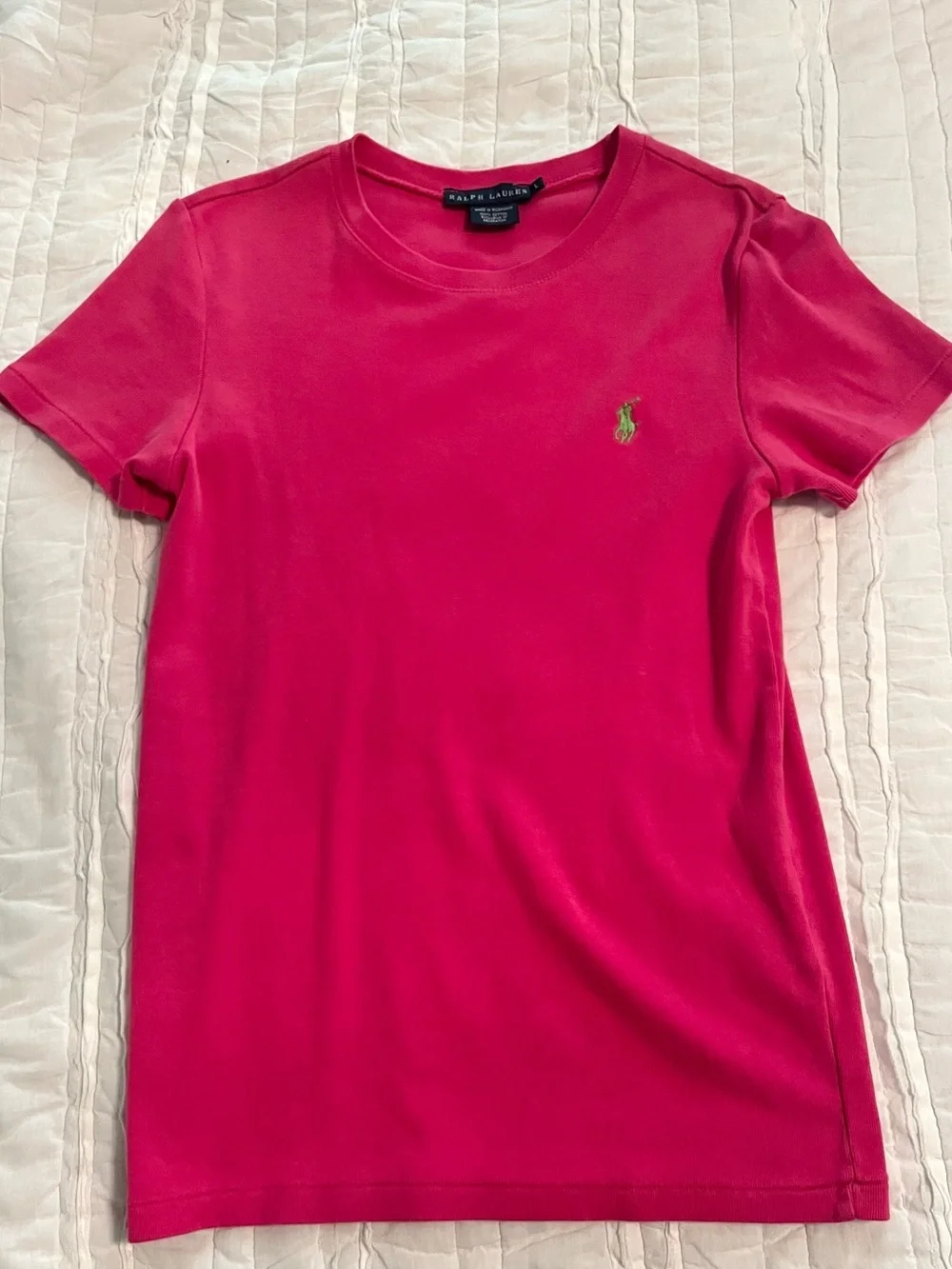 Ralph Lauren Girl’s Large or Women’s Small Pink T-Shirt Green Logo